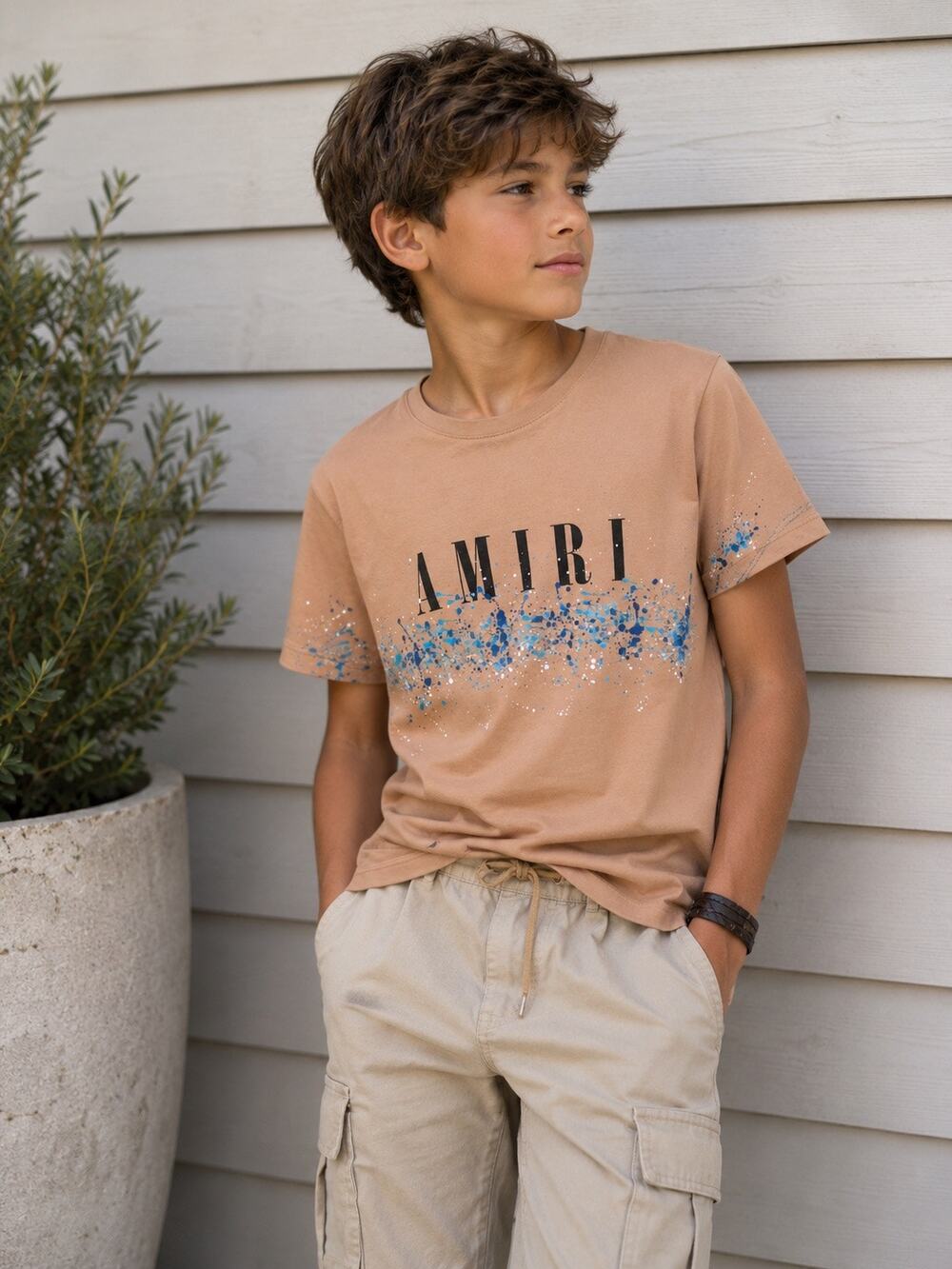 Amiri Logo Paint Splatter Print Short Sleeve T-Shirt Brown Blue Size 11 / 12yrs